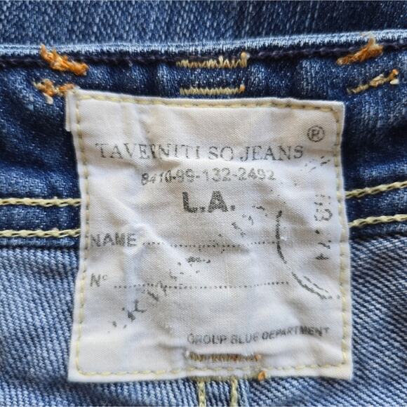 L Taverniti SO Y2K Rolled Cuff Cropped Blue Denim Jeans Size 27 Patchwork Paint - Picture 9 of 10
